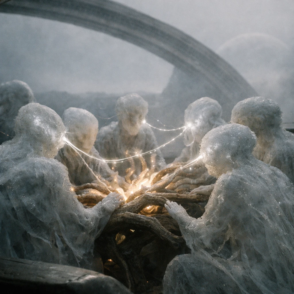 半透明な雲状の知性体たちが発光する有機的な枝を囲み、会議を行っている幻想的な会議室の写真。