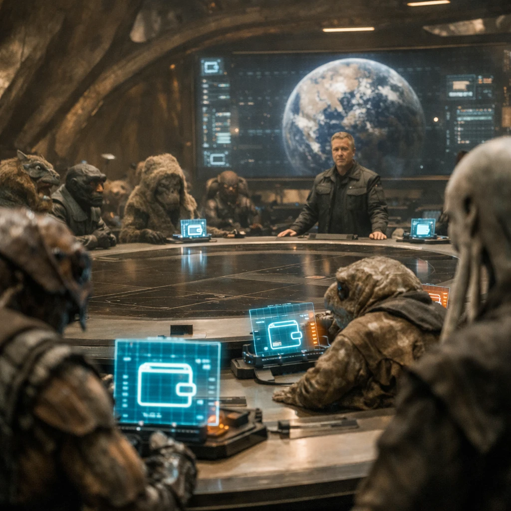 未来的な会議室で多様な異星人代表が円卓に集まり、中央でプレゼンを行う様子のリアルな写真。