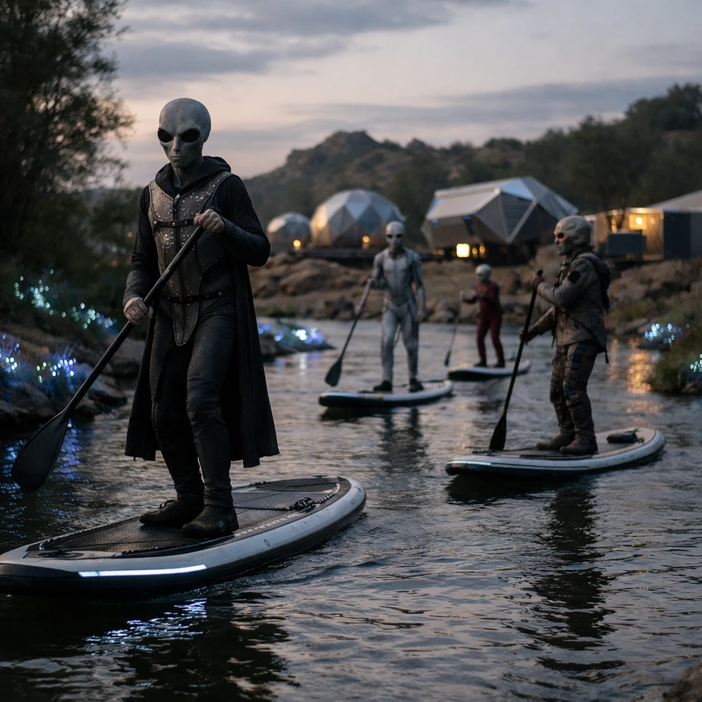 夕暮れの異星で、多様な姿のヒューマノイドたちが未来的なパドルボードで光る川を進む様子を写した写真。