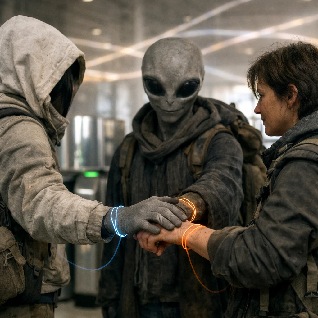 手首に光る糸を結んだ三人のヒト型旅人が、未来的な駅で互いの光糸を接続している様子の写真。