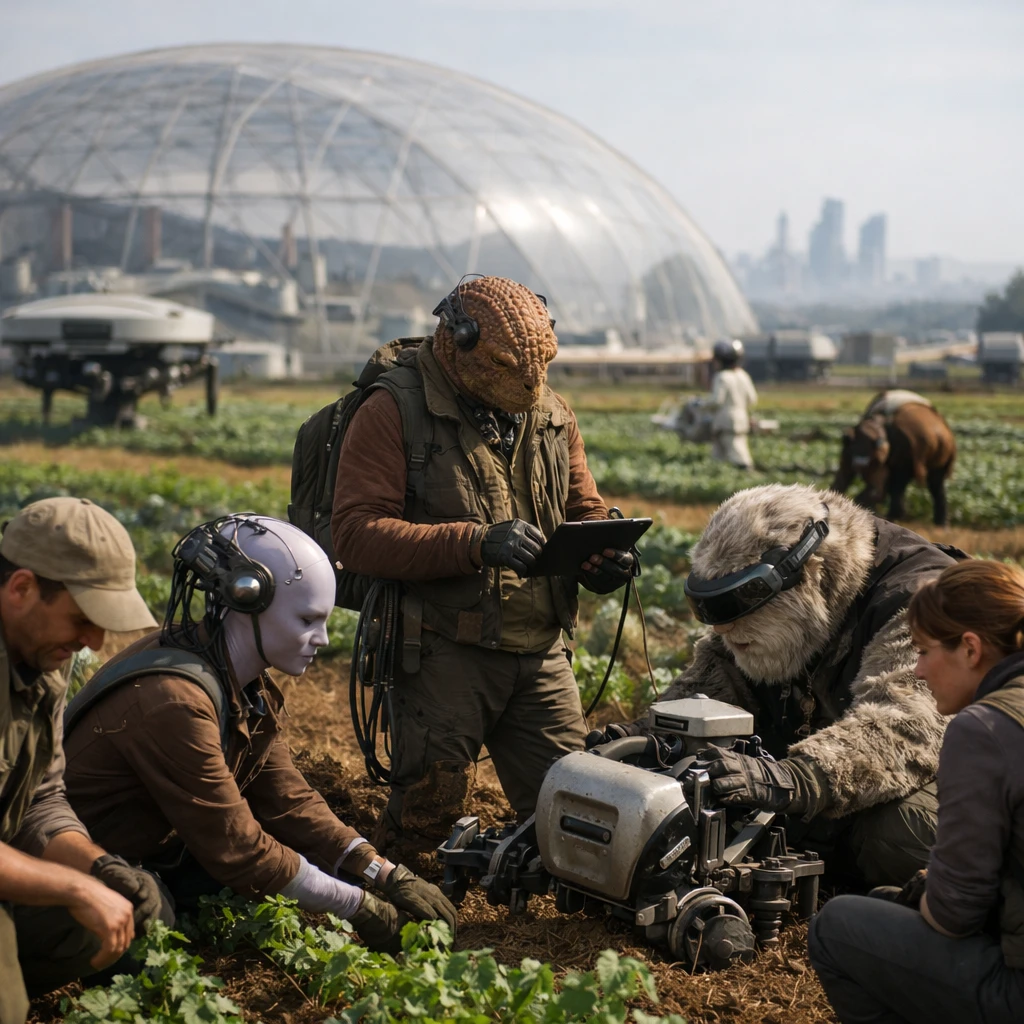 気候制御ドームと先進的な農地で多様な種族が協働する未来的な村落の写真。