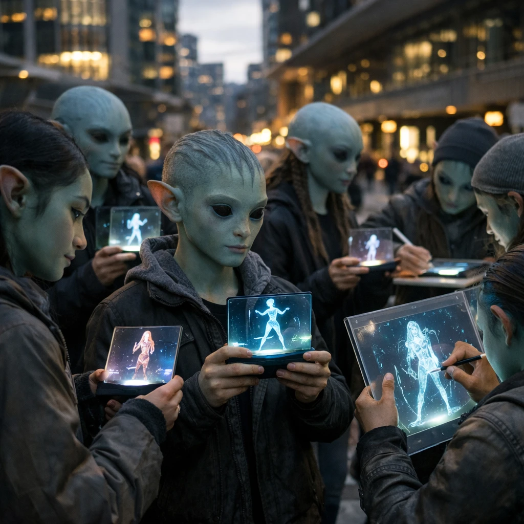 未来的な都市広場でヴァン＝サール族の若者たちが各自の端末に二次元アイドルのホログラムを映し出して見入っている様子。