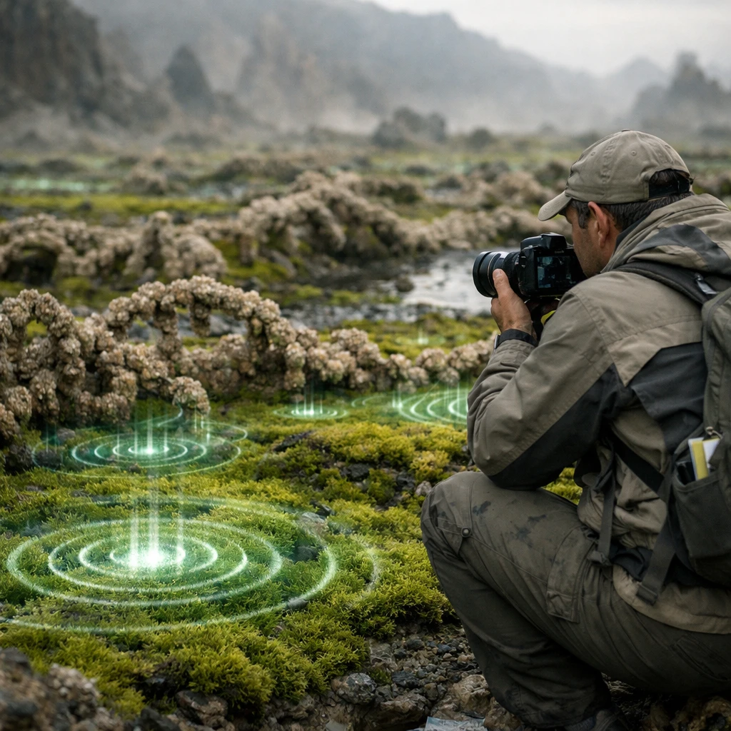 ガイラIV惑星の地表で発光するコケと結合した団粒状土壌を研究者が観察している実写風景。