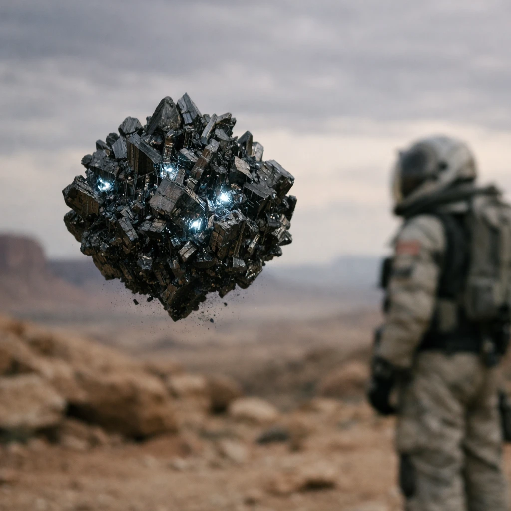 荒涼とした地球の砂漠に、微かに発光する特殊な鉱物体が浮遊し、防護服姿の観測者が見守る場面。