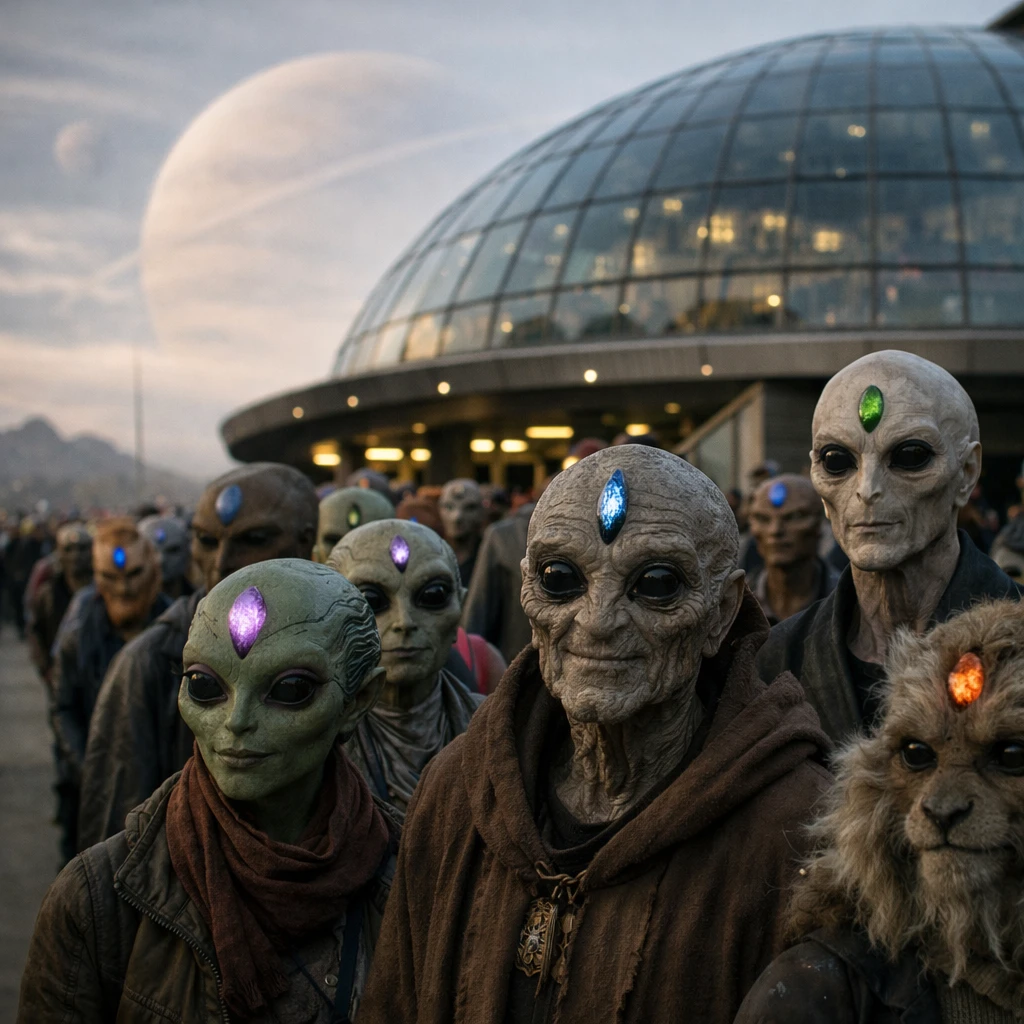 ゼルヴァ星の未来的な映画館前で、共鳴石を装着した多様な異星人たちが列を作っている様子。