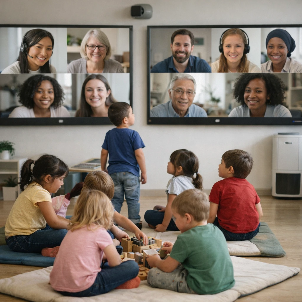 明るく近未来的な教室で、大きなスクリーン越しに保育士と交流する複数の子どもたちの様子。