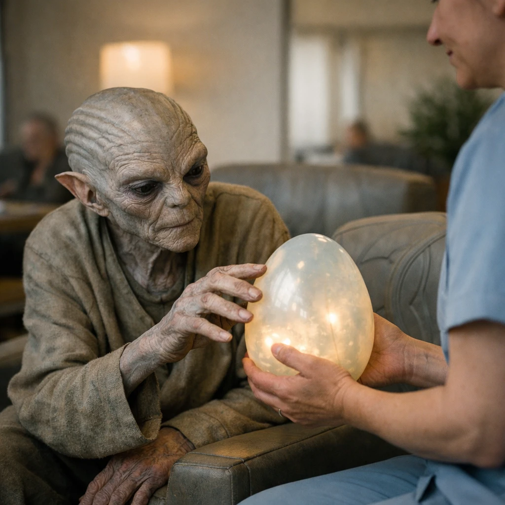 高齢の異星人がケアラーから差し出される半透明の卵型装置に手を伸ばしているリアル写真風の一場面。