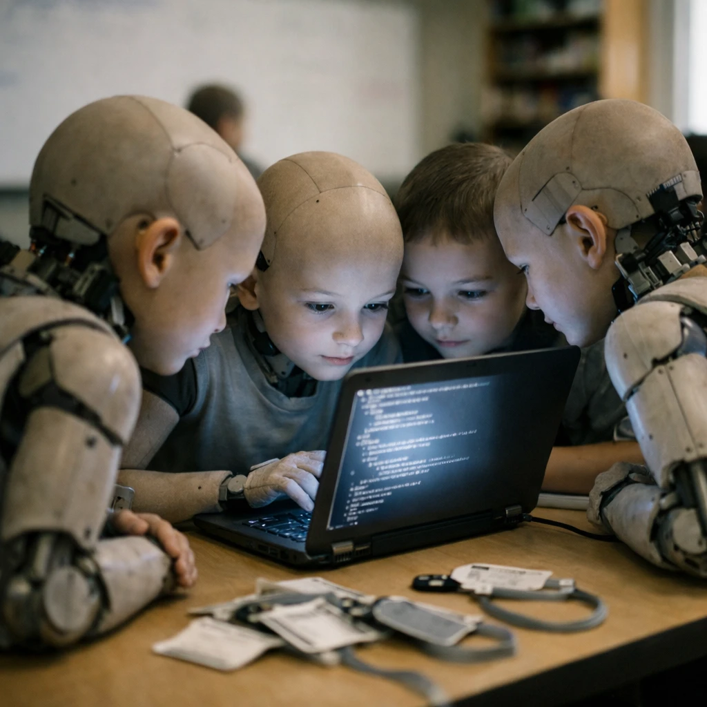 近未来的な教室で複数の機械的な子ども型存在が端末を操作し、机上には識別タグが無造作に置かれている様子。