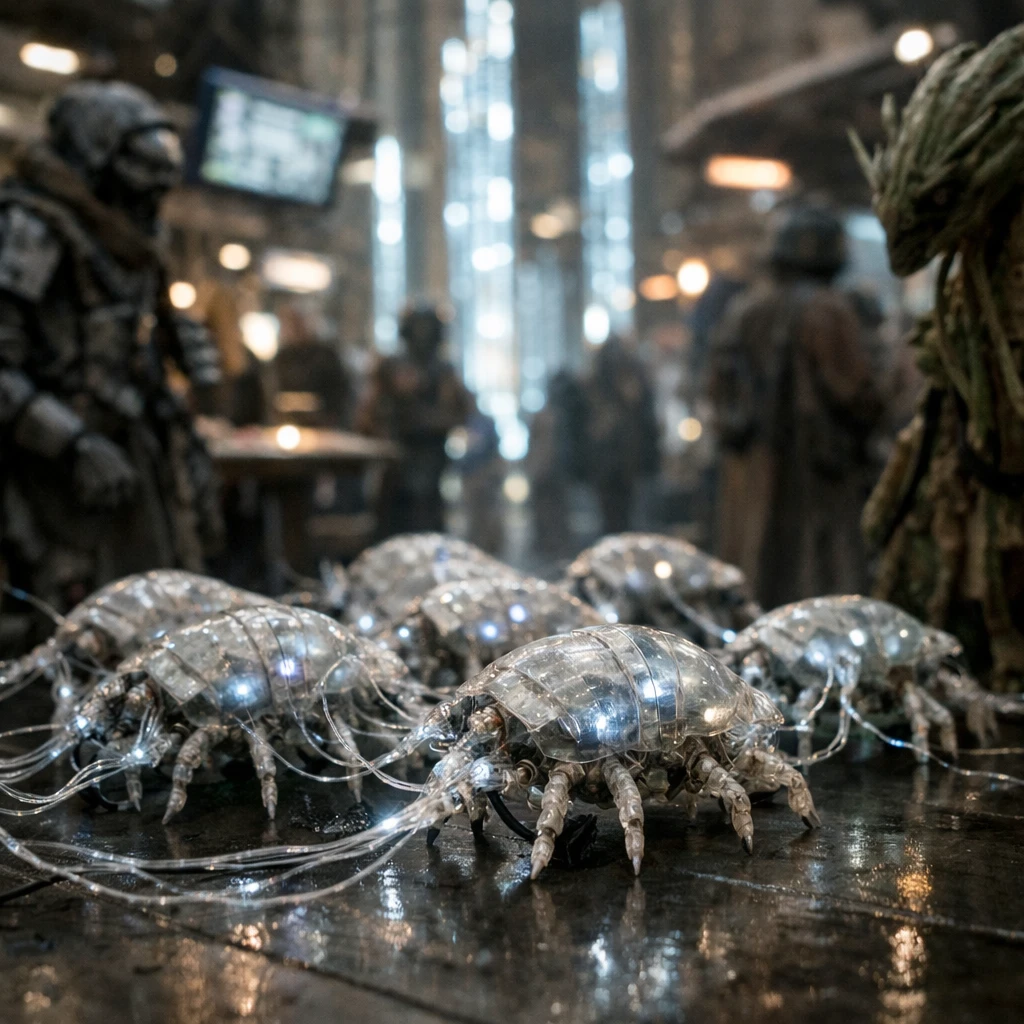 多脚型の透明なデータ虫が神経状の光る繊維で繋がりながら未来都市を移動し、周囲で困惑したロボット商人や植物型知性体が見つめる様子の写真。