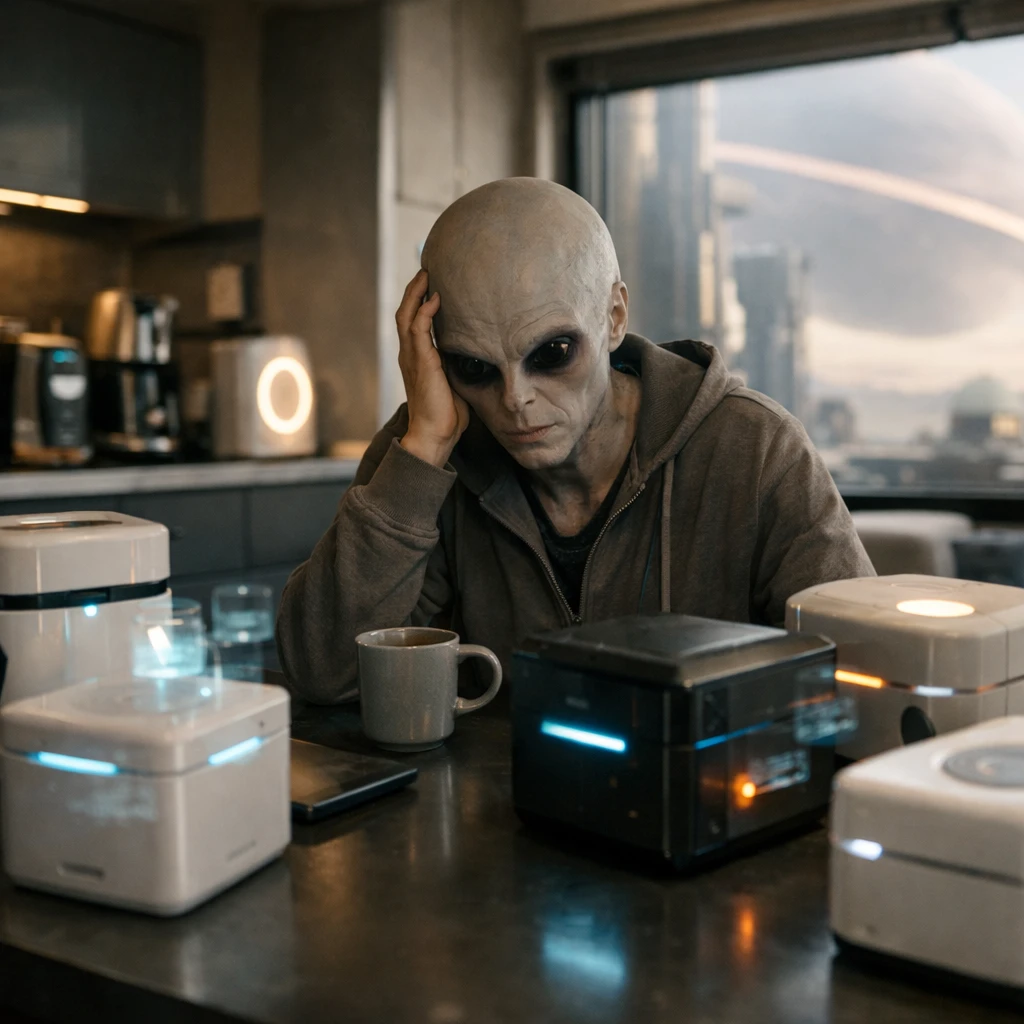 先進的な家電やAIボックスに囲まれ、不安そうな表情の住民がキッチンテーブルに座っている未来的なオルビトロンの室内写真。