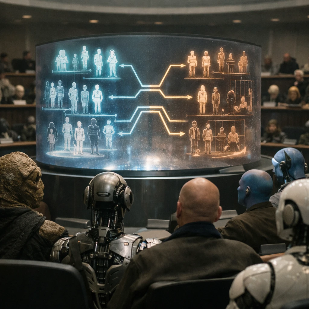 円形の未来的な評議会で多様な種族や人工生命体が中央の憲法シミュレーションのホログラムを見つめている光景。