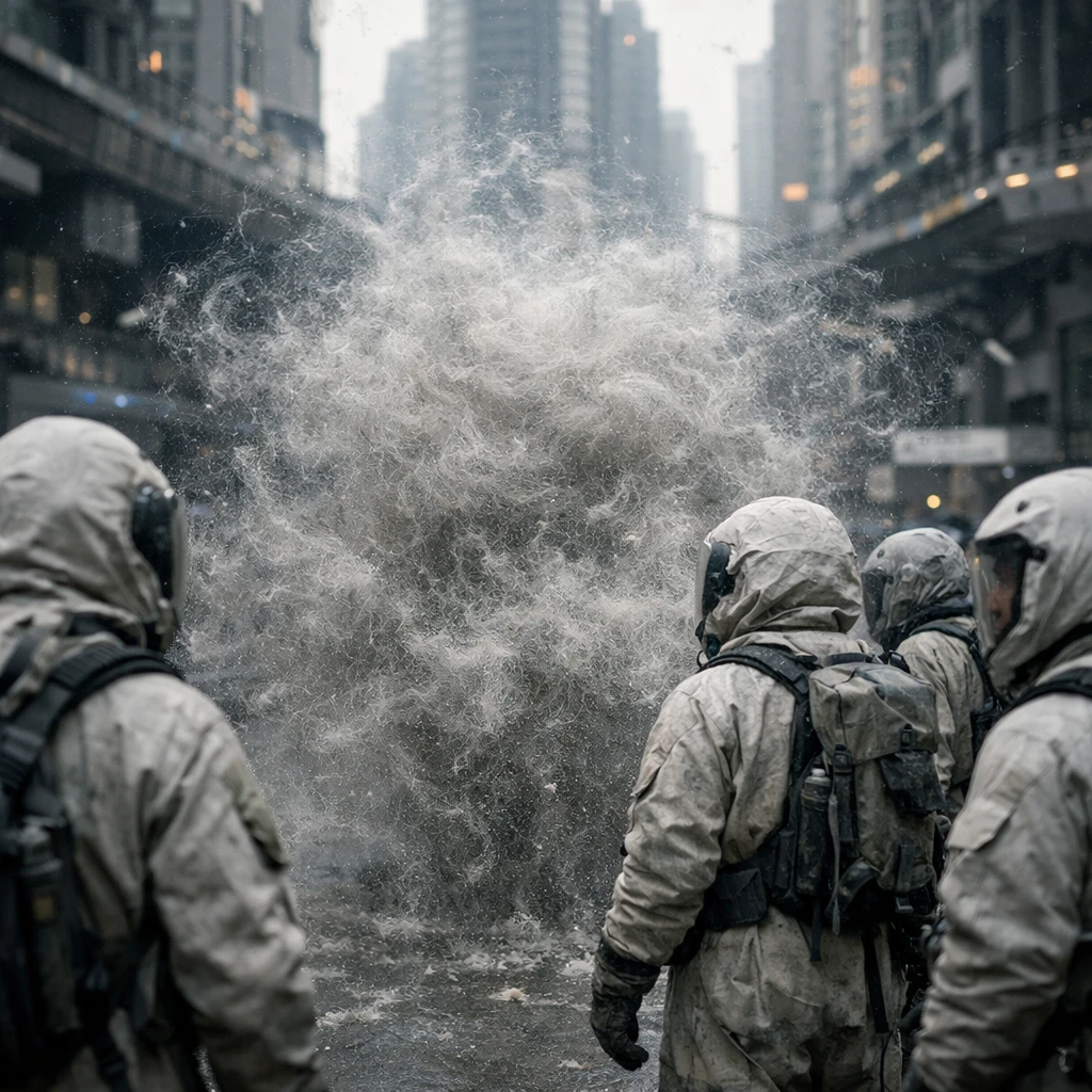 未来的な都市の路上で防護服を着た作業員たちが空中に漂う微細な繊維の渦を観測している様子の写真。
