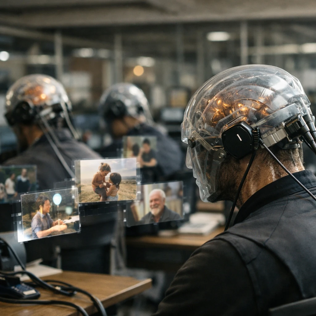 透明な層状の頭部構造を持つゼントロン生体知性体たちが、未来的なワークスペースで神経インターフェース装置につながり、ホログラムが記憶断片取引を示している様子。