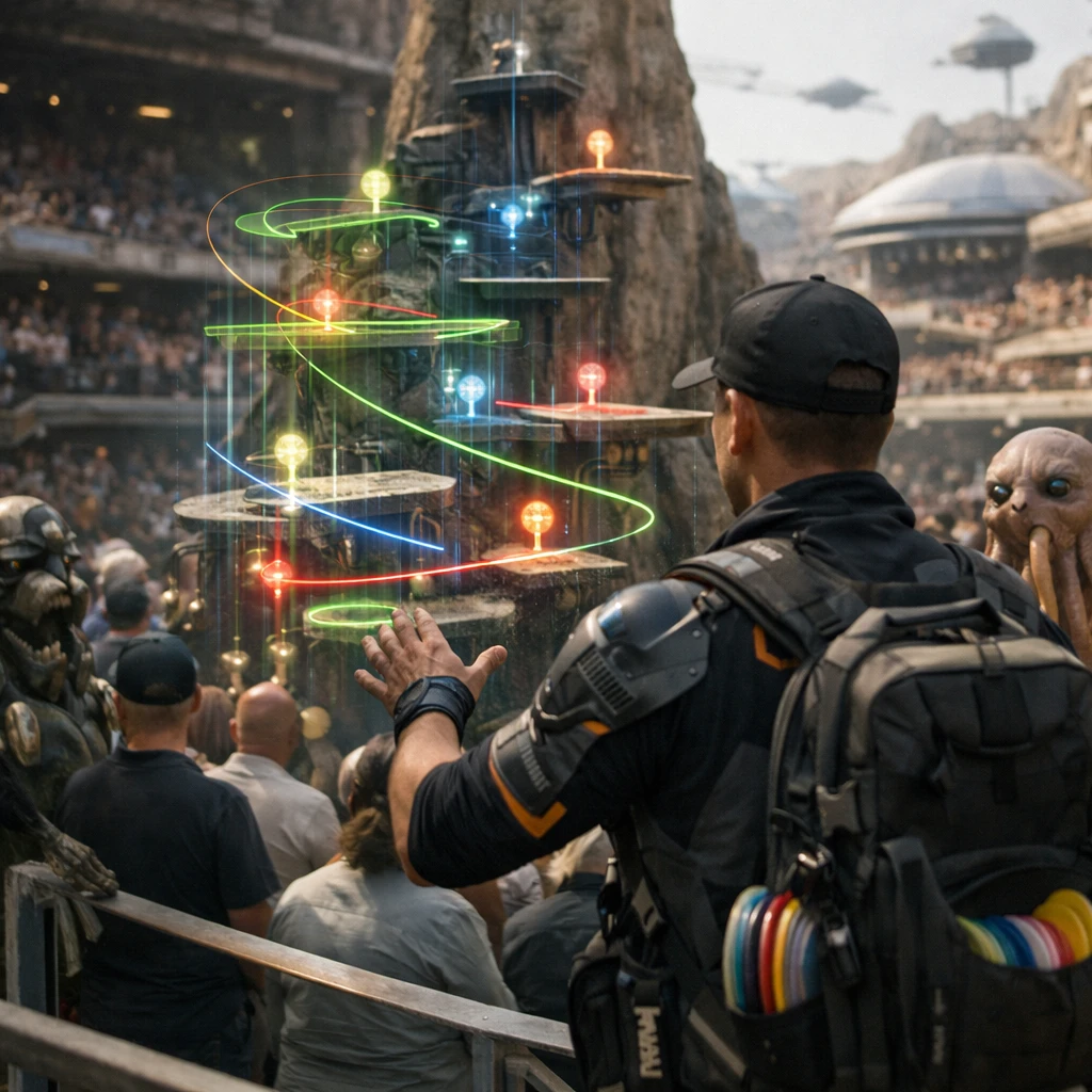 多層構造の立体ディスクゴルフコースで、ホログラムマップを使う選手と様々な異星人観客が見守る様子のリアルな写真。