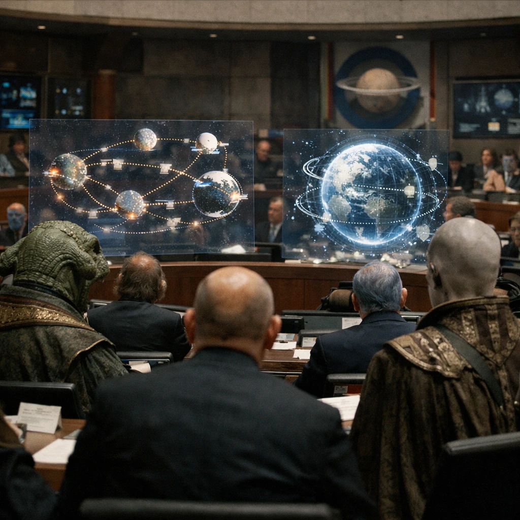 複数種族の代表者たちが未来的な会議室でホログラフ資料を前に議論している様子。