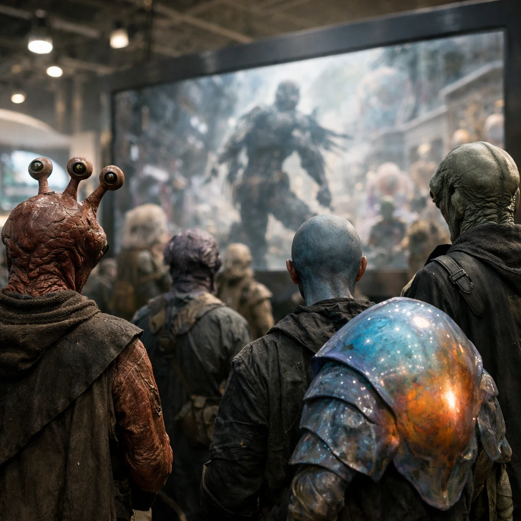 宇宙各地から集まった多様な姿の来場者たちが、未来的な漫画作品を展示する会場で神回漫画を鑑賞している様子。