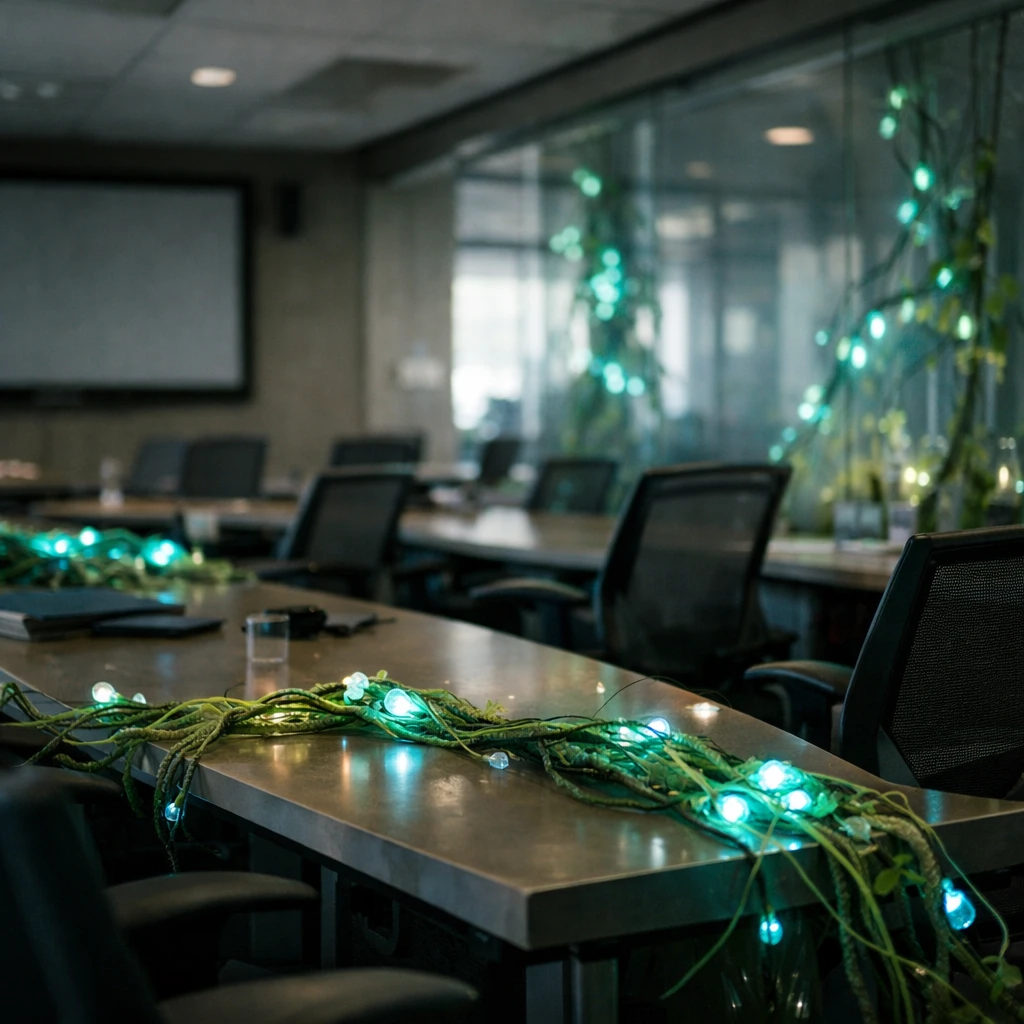 多種族がいなくなり静寂となった未来的な会議室に、微弱な光を放つエラフィ＝ベール植物が絡みつく様子の写真。