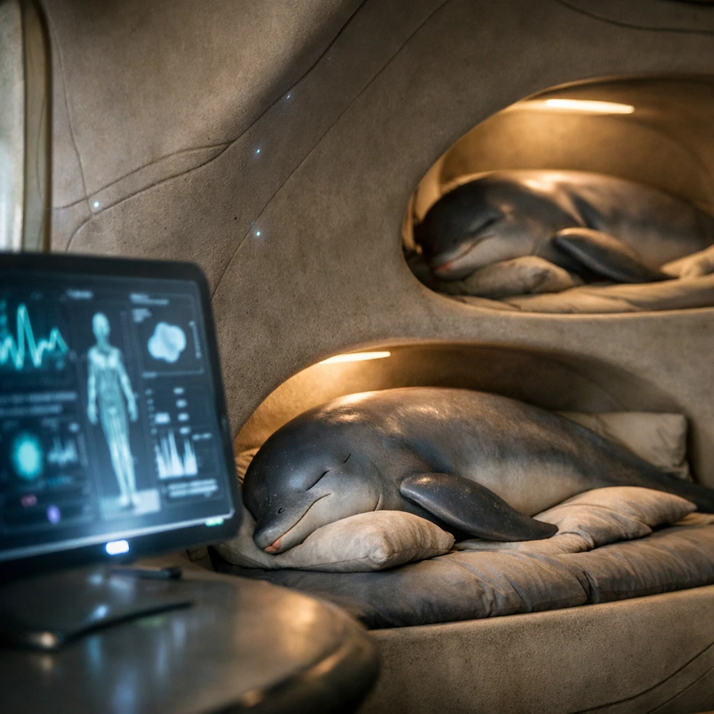 クイロリア族のイルカ型知性生命体が自宅の巣で眠っており、壁には薄いセンサーが埋め込まれている様子の写真。