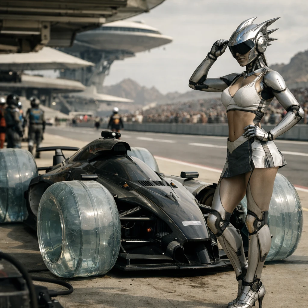 ウーファ星系のレースサーキットで、人型の人工体が自動運転の流体タイヤ車と並んで立つ様子の写真。