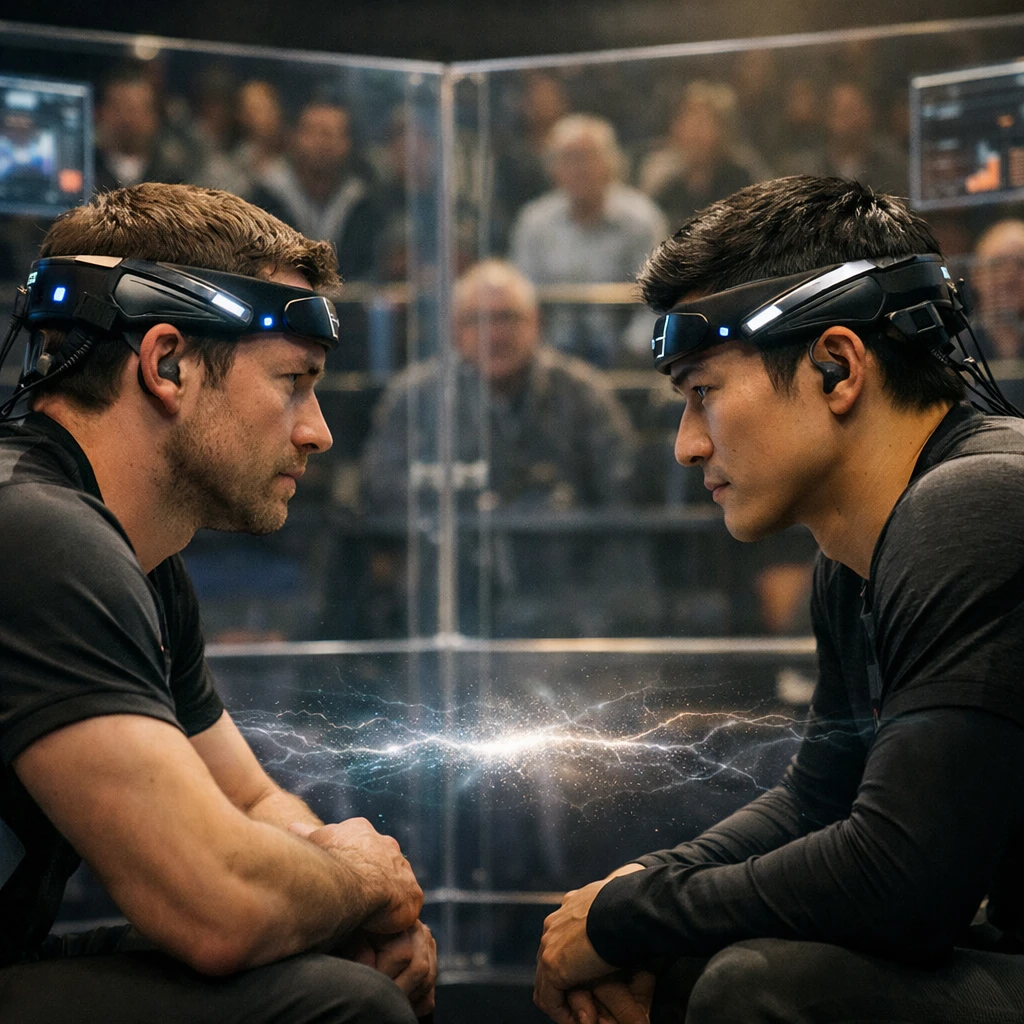 近未来的な競技場で神経インターフェース装置を装着した2人の対戦者が向かい合い、観客席からガラス越しに見守られている様子の写真。