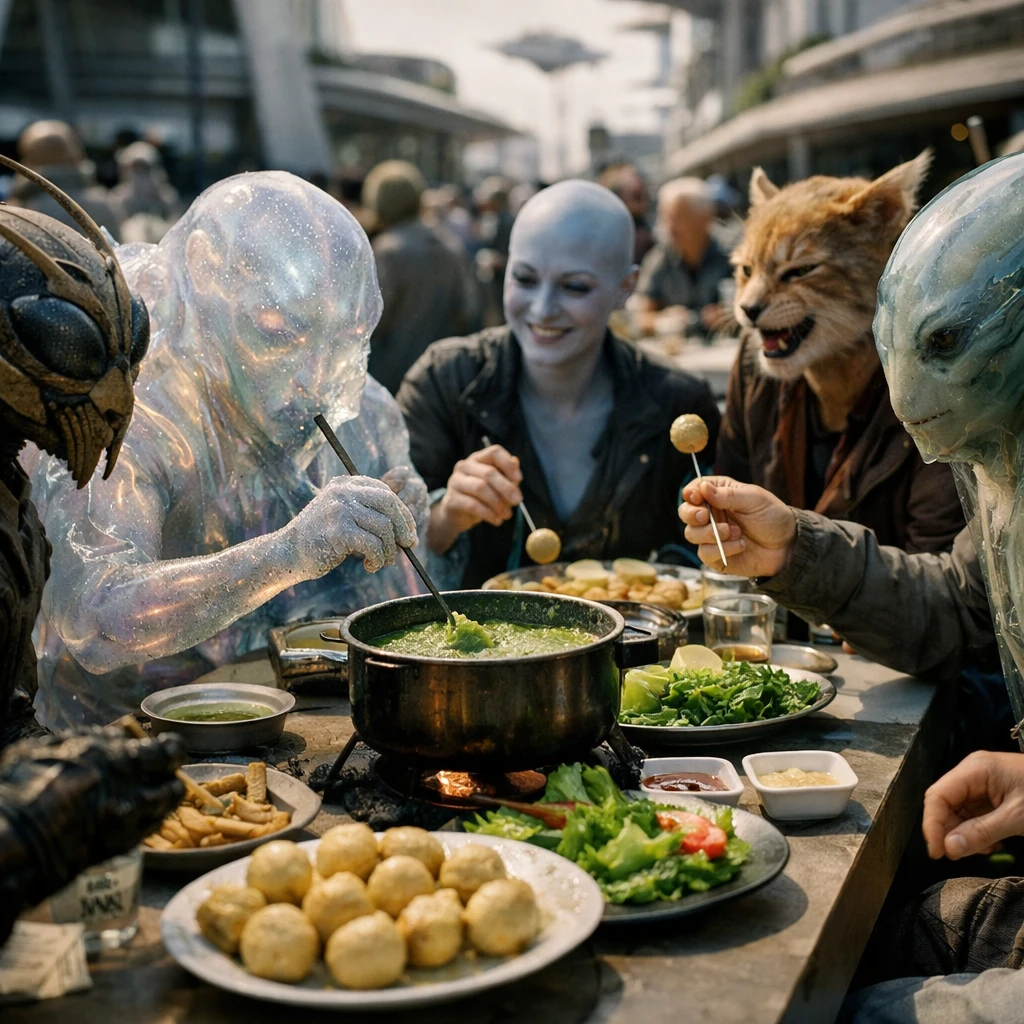 ティラクシ星の近未来都市広場で、多様な異種族が長テーブルに集いヴィーガン料理を囲む様子の写真。