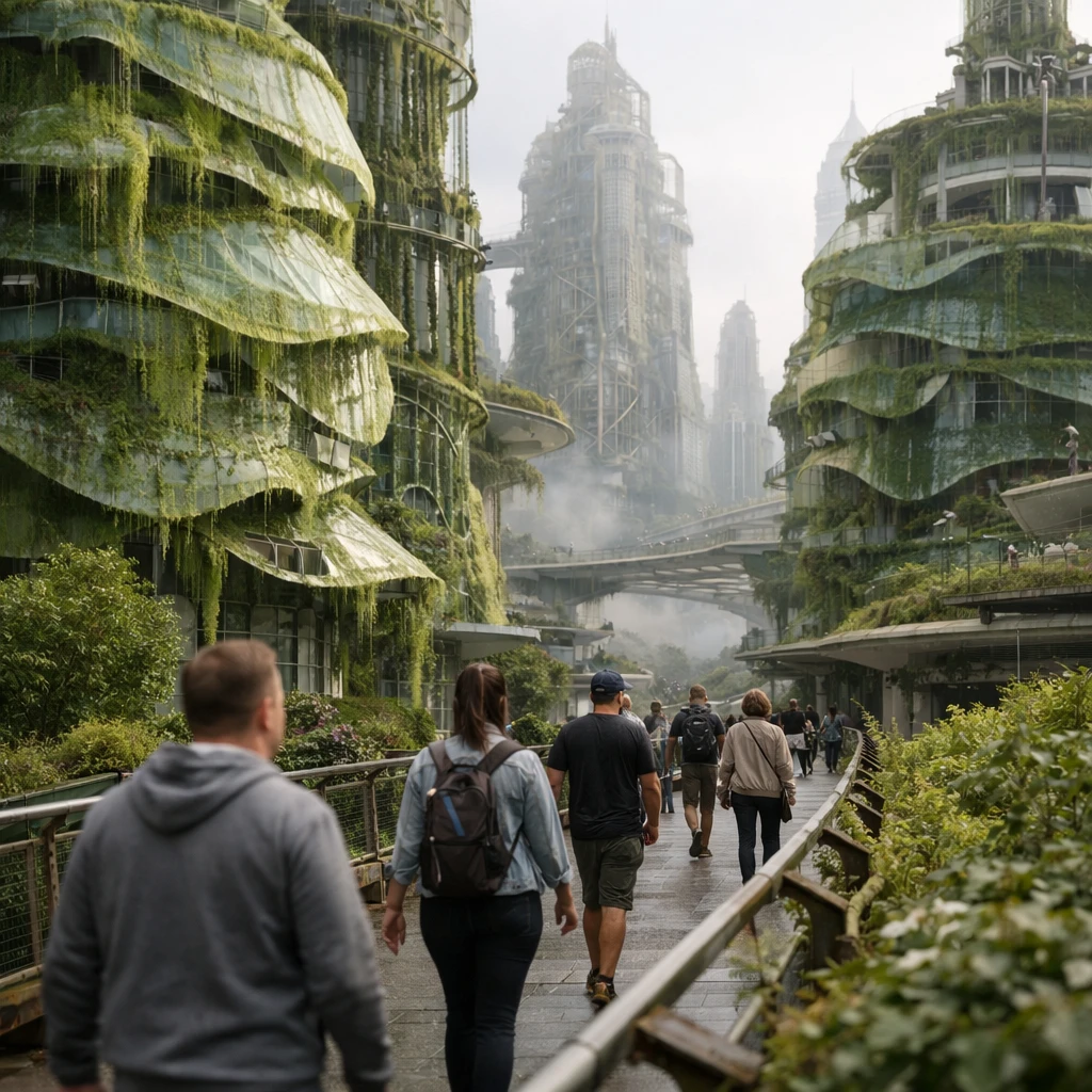高層ビルの外壁や空中歩道が多層の藻類や緑に覆われ、都市住民がそのそばを歩く未来都市の光景。