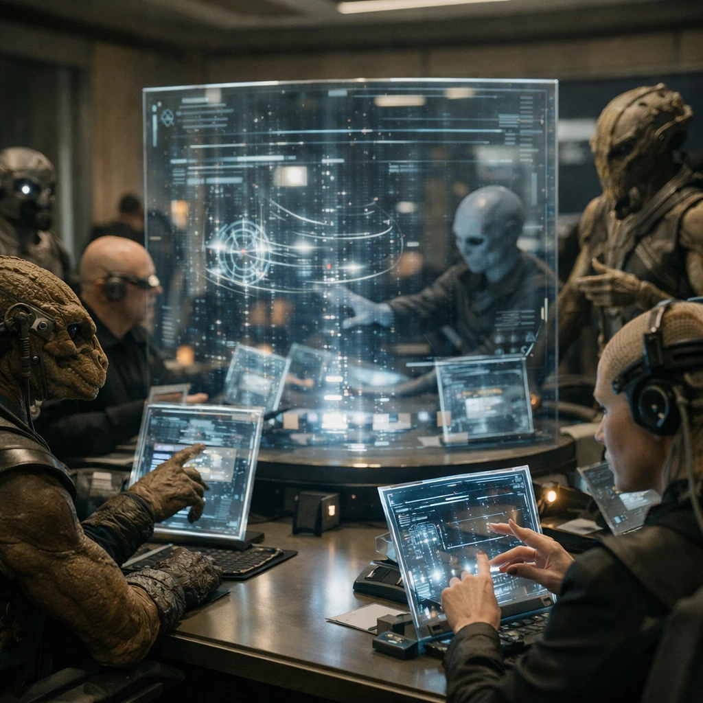 未来的な会議室で異種族と人間型の存在がホログラフィックな契約画面を操作している様子の写真。