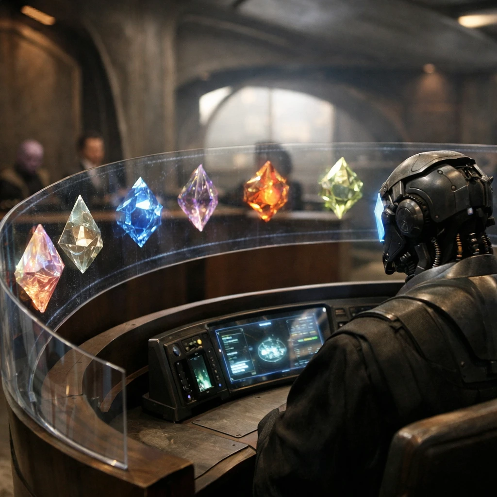 透明パネルに多面体の陪審ファセットが浮かび上がる未来的な法廷の写真。