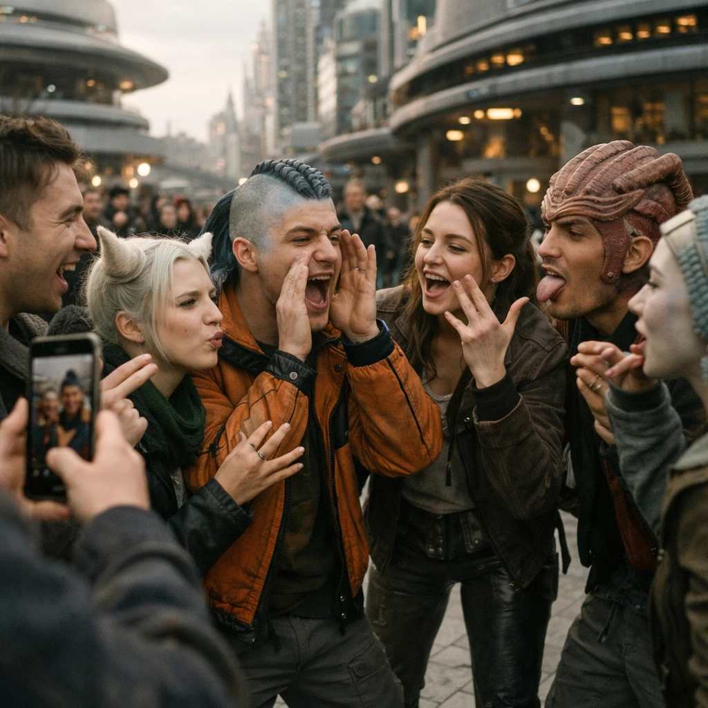 未来的な都市広場で、若者たちが輪になり発音を真似して楽しむ様子の写真。