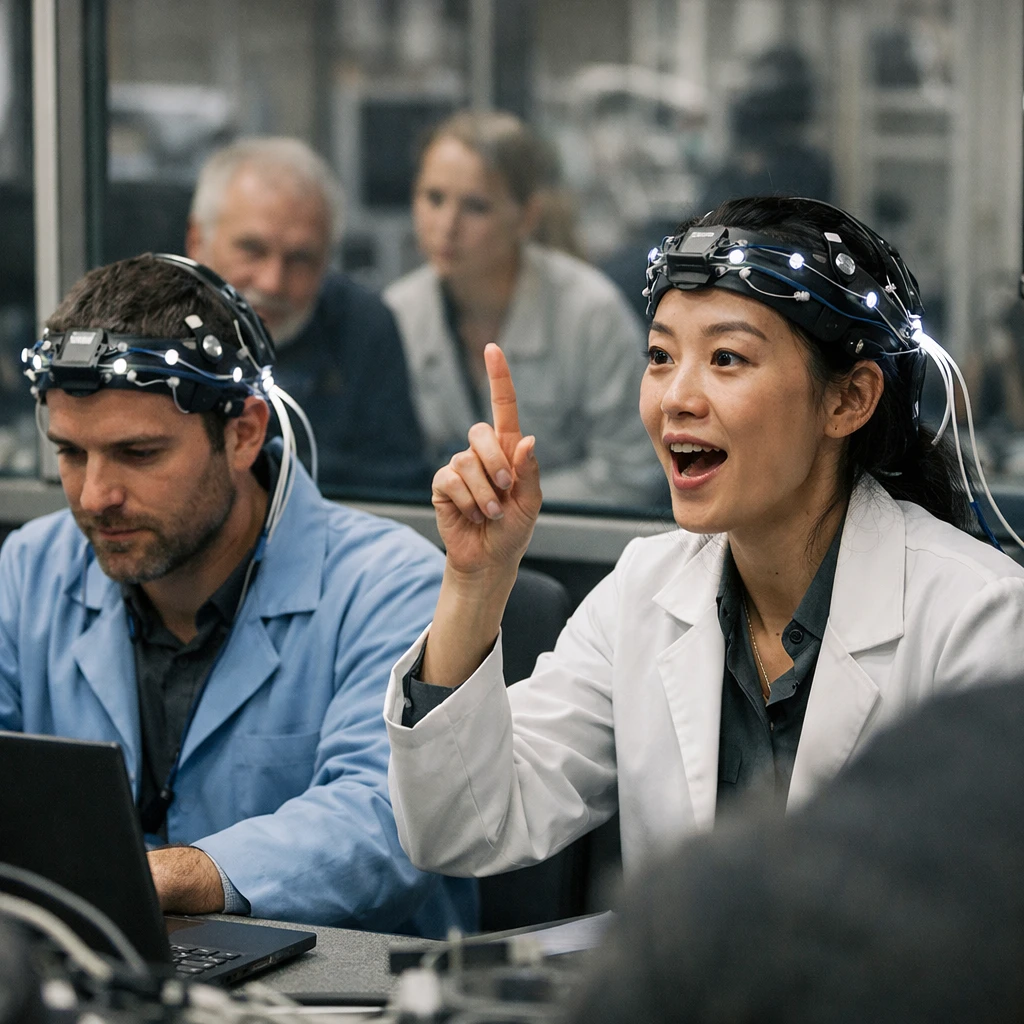 未来的な研究室で神経インターフェース装置を装着し知識転送を実演する研究者たちの様子。