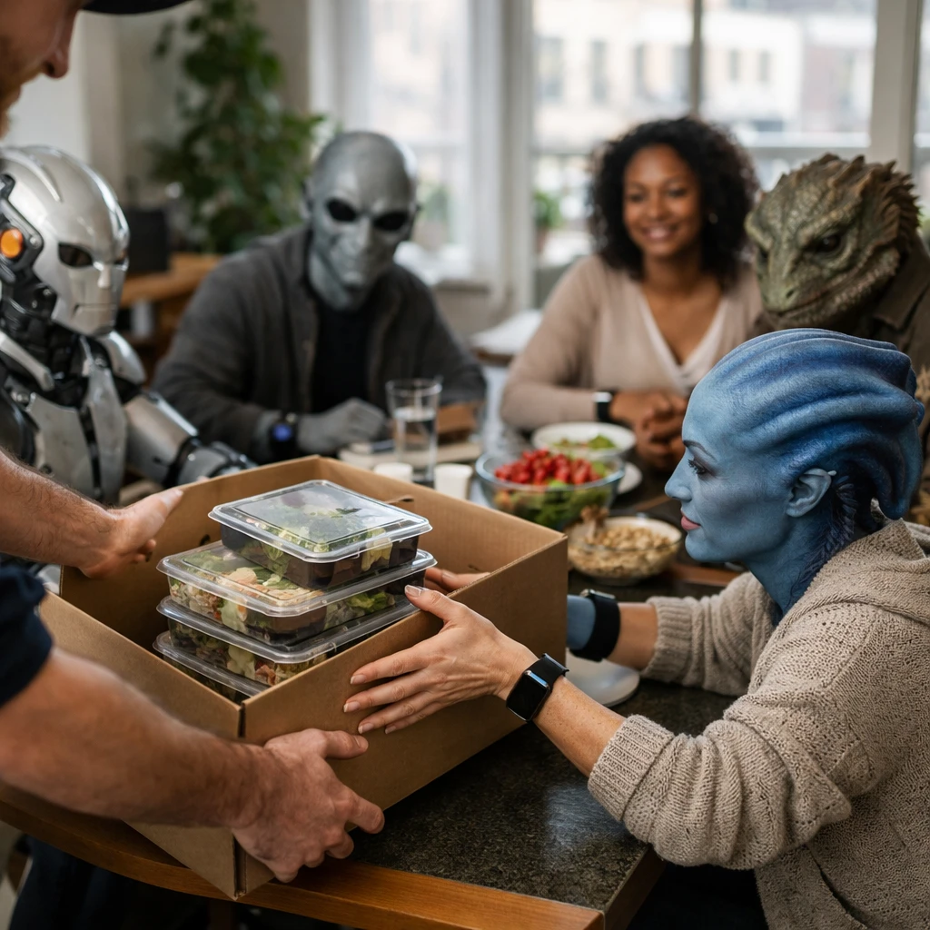 グリンター星系の都市型住居でヘルスケアIoT端末を装着した住民たちが健康食品サブスクリプションの配達を受け取る様子。