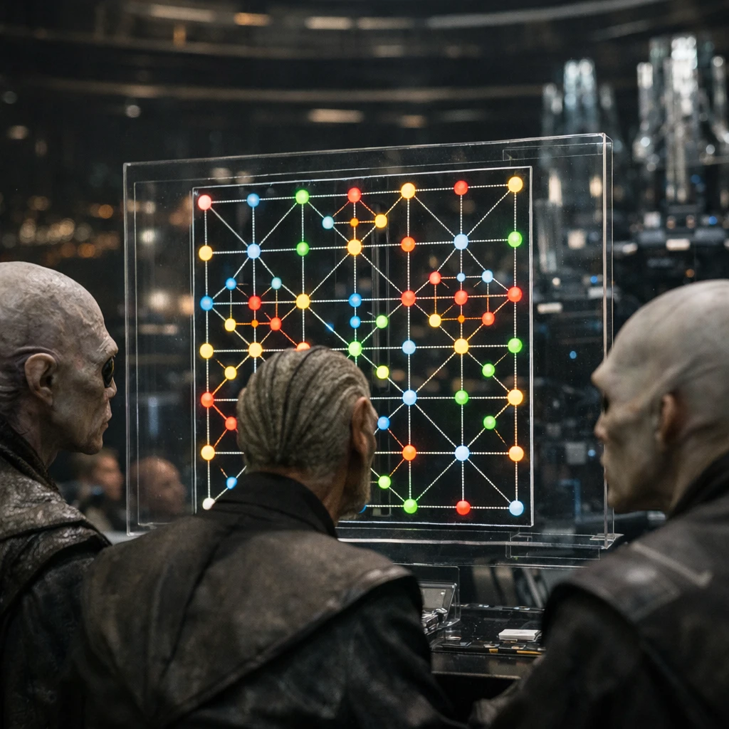 未来的な会議室で、異星人研究者たちが透明なデジタルパネルに映し出されたカラフルな対称グラフを真剣に見つめている様子