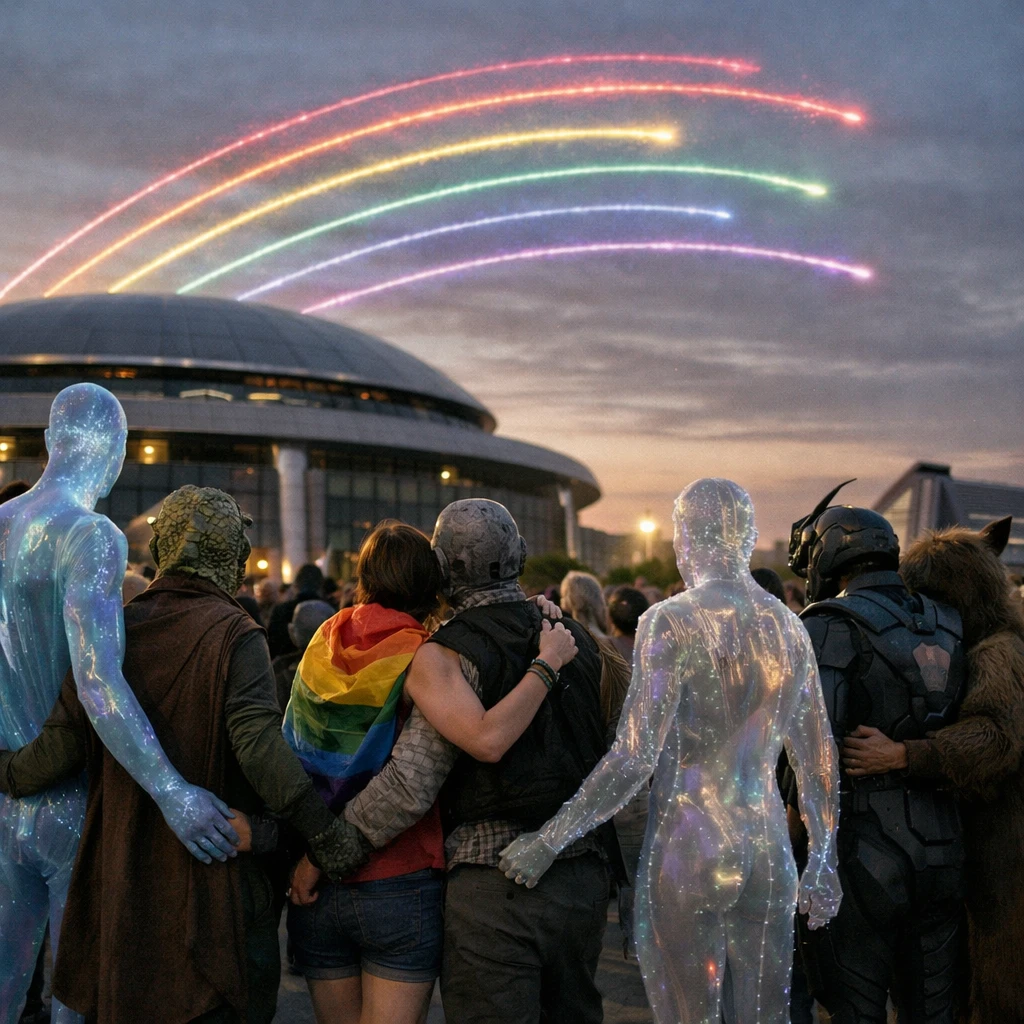 プライド行進を行う多様な姿の知的生命体たちと、虹色の花火が打ち上がる未来的な評議会前広場の写真。