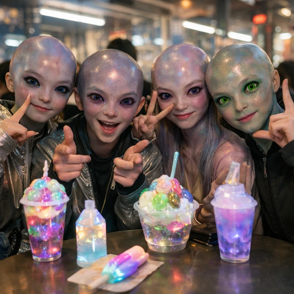 銀河都市の未来的なカフェで、様々な色の肌を持つ異星人たちが韓国スイーツ風の光るデザートを囲み、楽しそうに過ごしている写真。