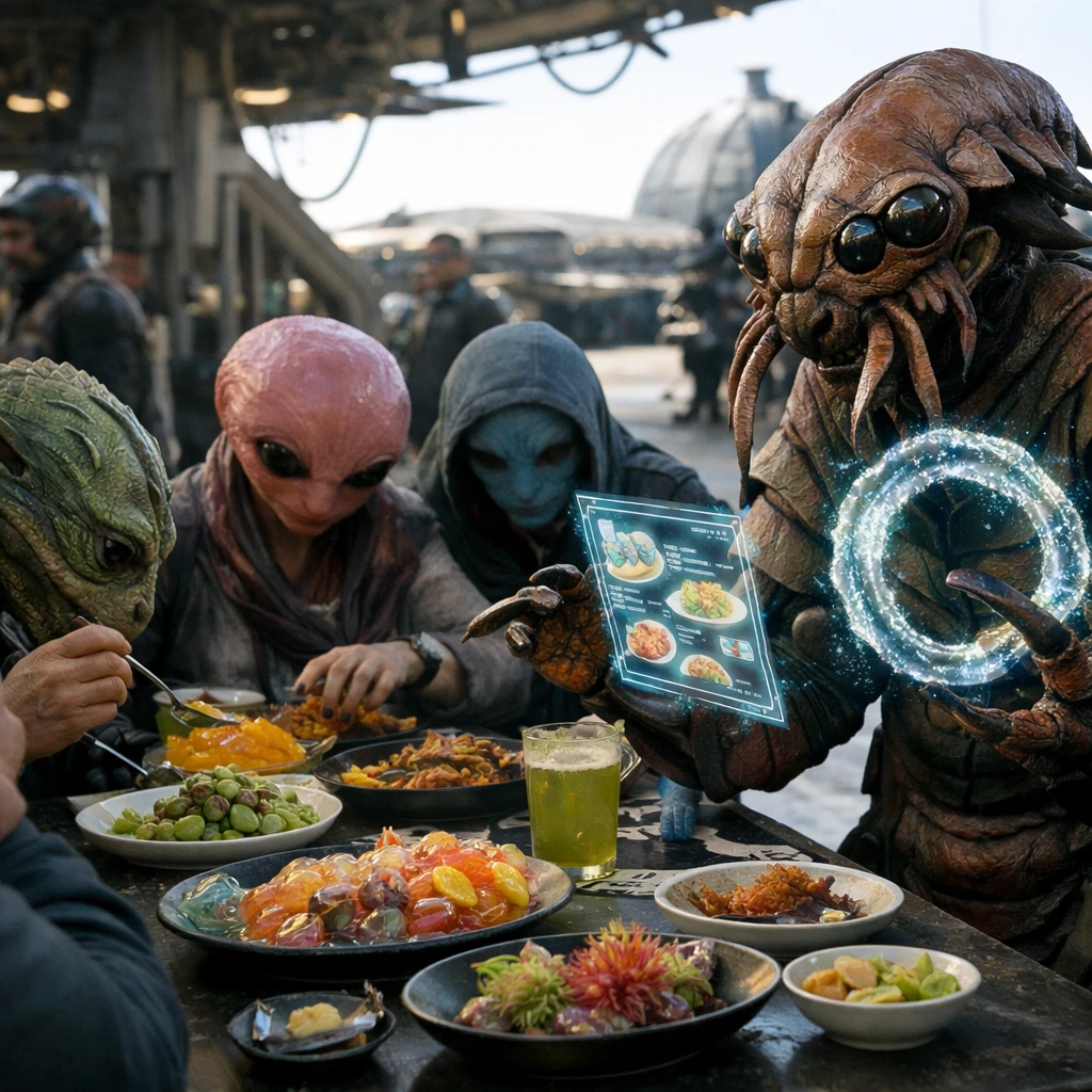 宇宙港の食卓で異星人観光客たちが多肢のホストに珍しい料理と仮想メニューを案内されている写真。