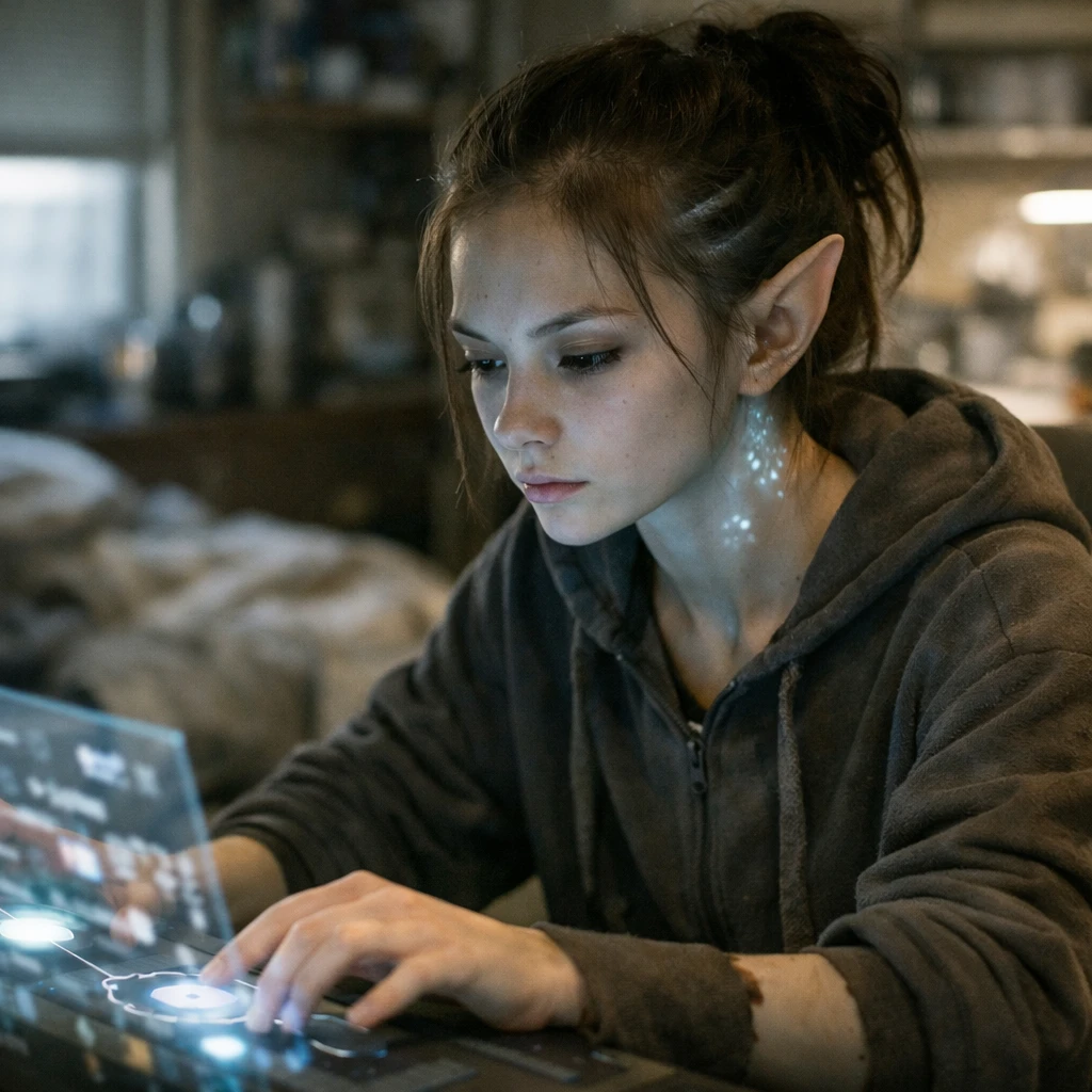 未来的な室内でホログラム端末を操作する人間に近い異星の少女の写真。