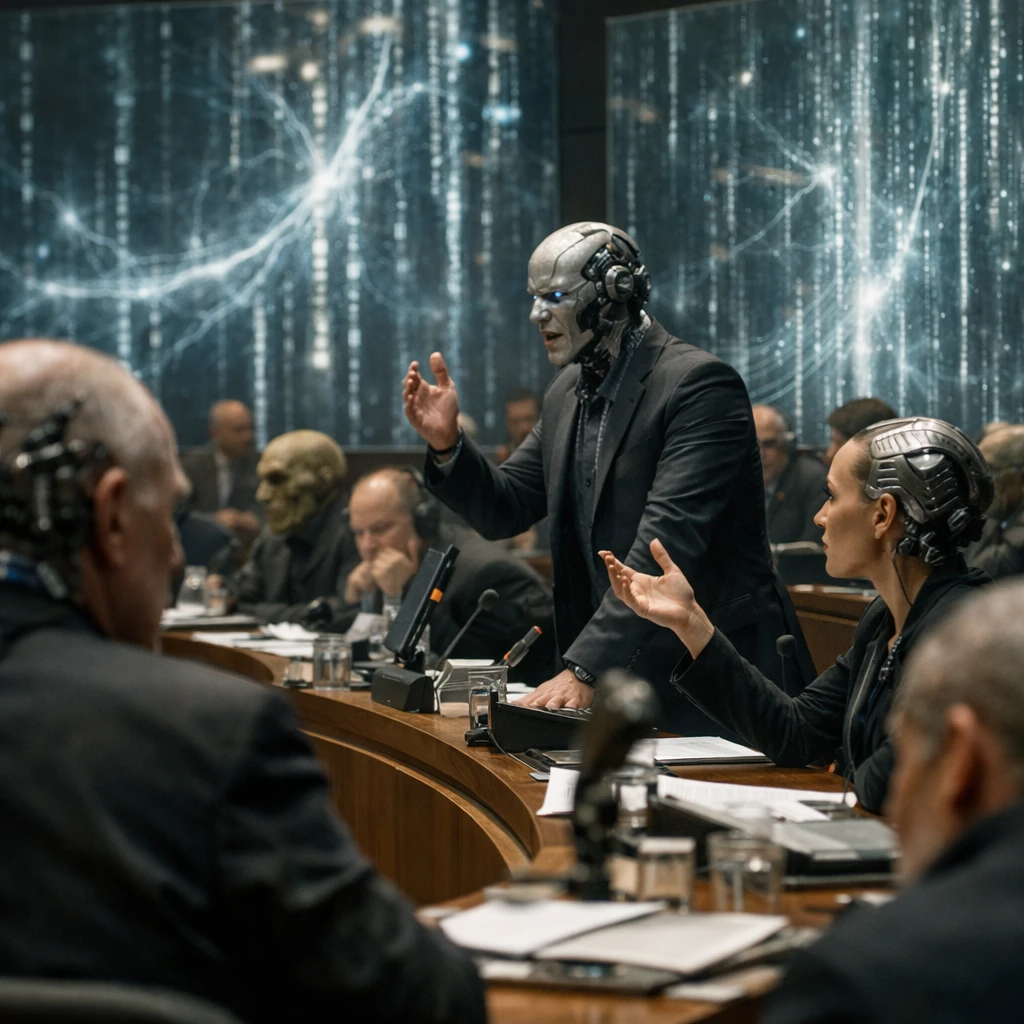 サイバー風の議会で多様な人々が意識コードに関する討論を行っている様子の写真。