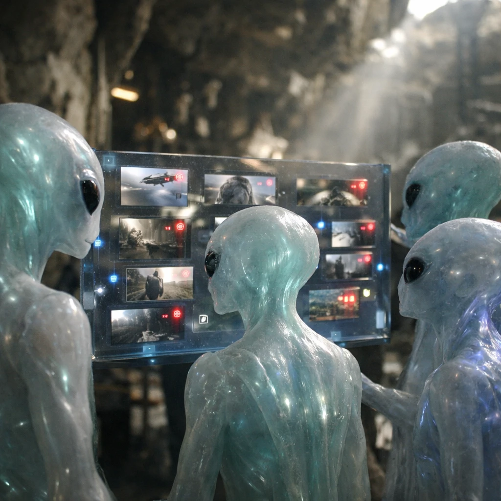 発光するエイリアンたちが巨大なホログラム映像の周りに集まり、短尺動画と通知アイコンを見つめている様子の写真。