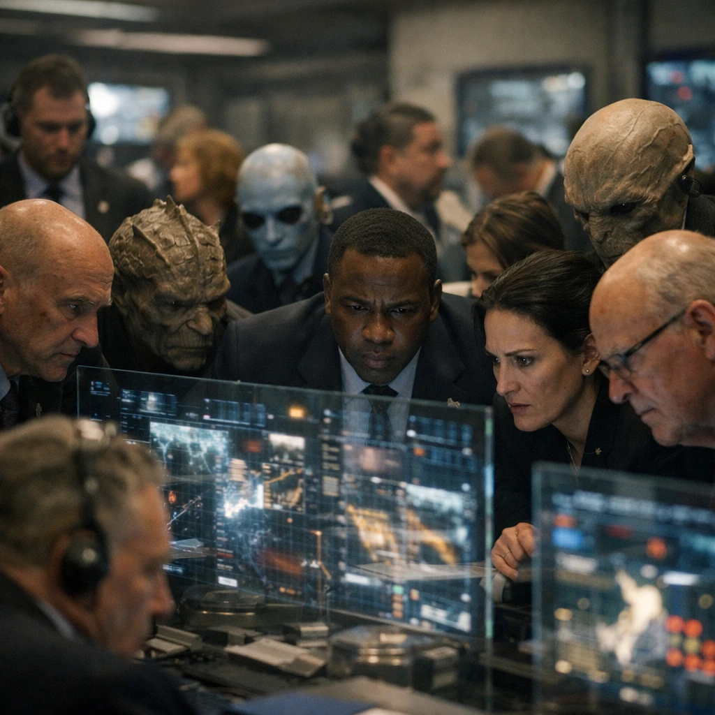 複数種族の官員たちが緊張した面持ちで大きな透明ディスプレイを見つめる近未来的な制御室の写真。