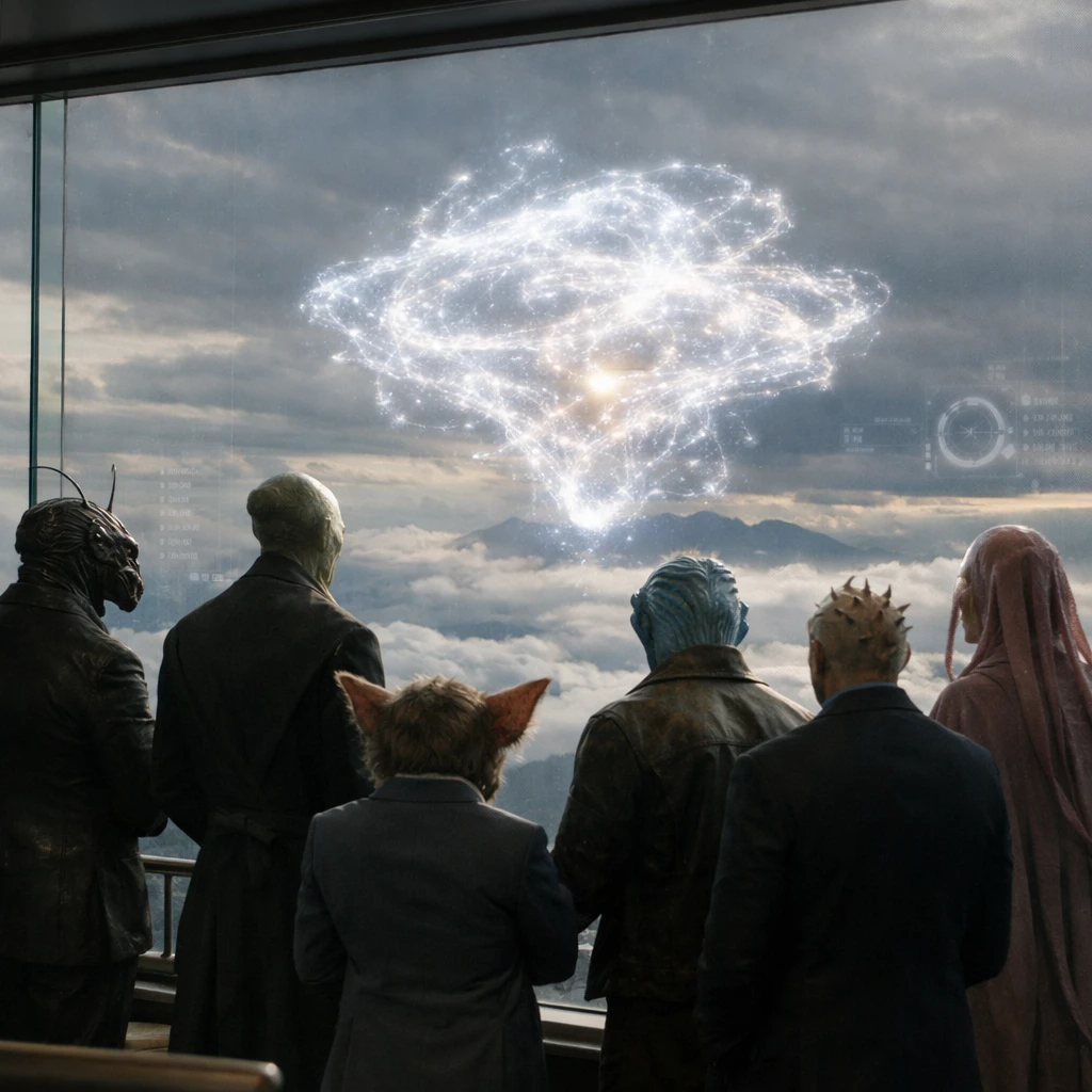 惑星トリアングラの展望デッキで、多様なエイリアン起業家たちが雲間に浮かぶAI集合体ヴァルテスを見つめる様子の写真。