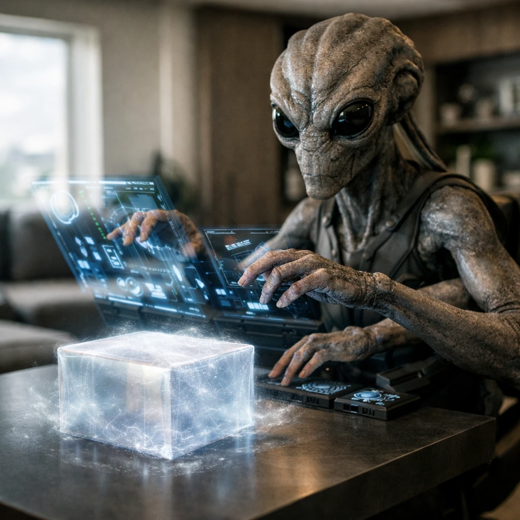 多腕の異星人が未来的な室内でホログラムパネルを操作し、テーブル上に商品が転送される瞬間を写した写真。