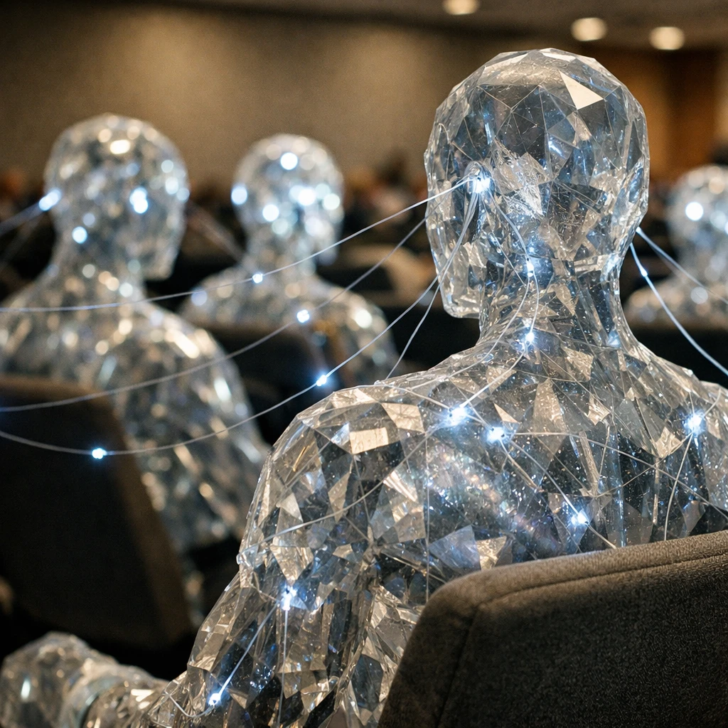 近未来的な会議室で、半透明の結晶体の humanoid たちが共振ネットワークに接続されて座っている光景。
