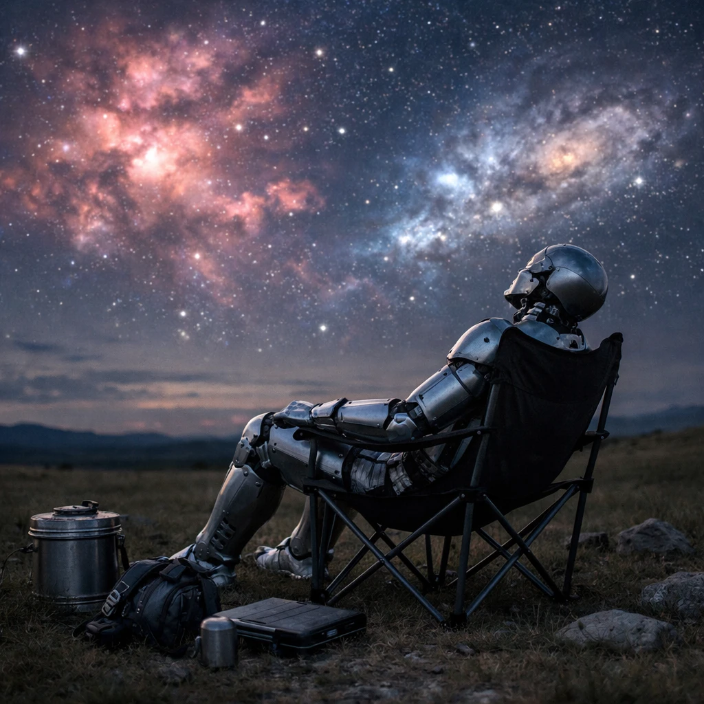 金属質のヒューマノイドが原野でキャンプチェアに座り、光る星雲の夜空を見上げている様子の実写風写真。