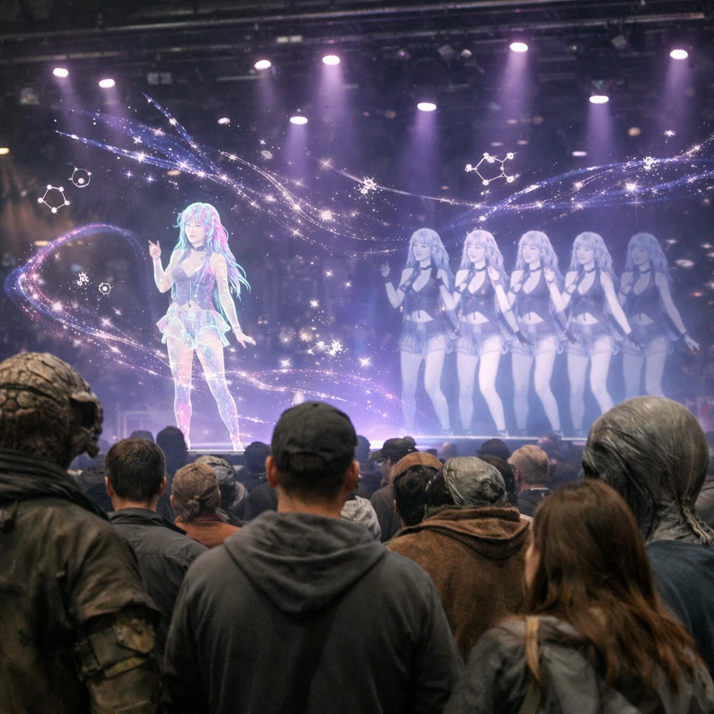 異星のイベント会場でVTuberアバター同士が舞台上でパフォーマンスし、観客が光やデジタルエフェクトに包まれて見守る様子のリアルな写真。