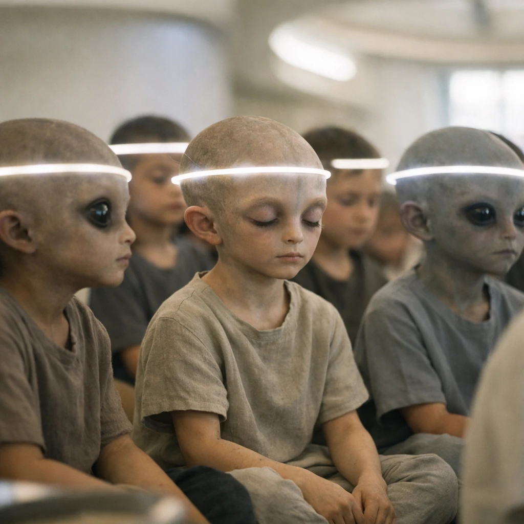 未来的な教室で多数の人型異星人の子どもたちが神経共鳴教育セッションに集中している現実的な写真。