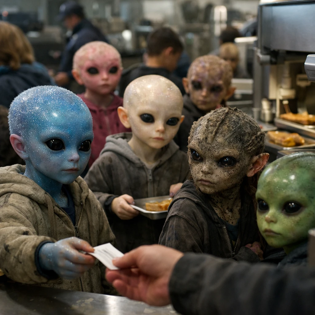 異なる発光強度を持つ複数種族の子どもたちが食糧配布施設に集まり、クーポンを受け取る様子の実写風写真。