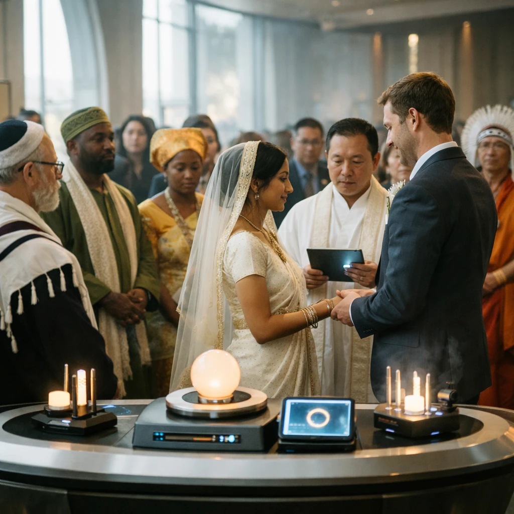 未来的な神殿内で多様な民族の参列者たちがデジタル祭壇を囲む結婚式の様子の写真。