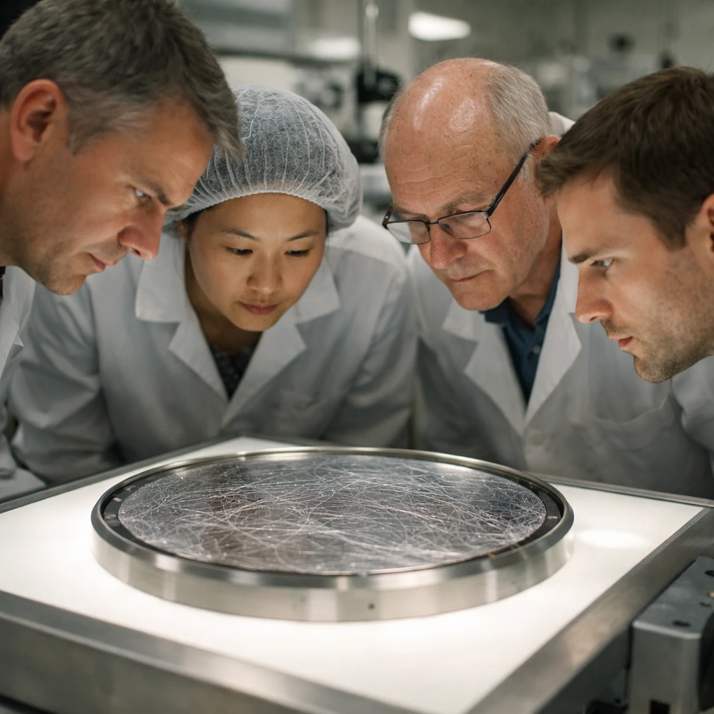 研究者たちがクリーンルームの実験台で超軽量の繊維状構造を持つ金属製の基盤を観察している様子。