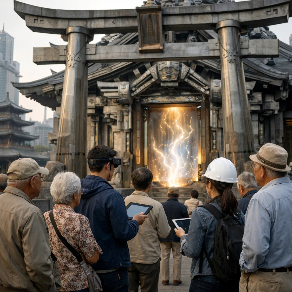 巨大神社の前で高齢者や技術者らが集い、デジタル機器やARグラスを手にしながら賑わう様子