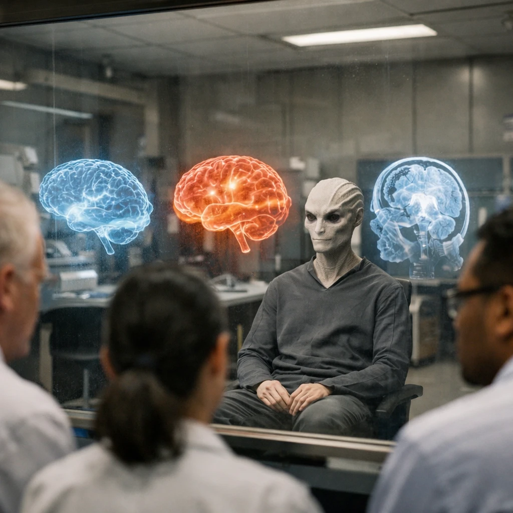 未来的な研究室でトルファル人と思われる humanoid 型の被験者がガラス張りの部屋に座り、浮かぶ脳の立体映像を科学者たちが観察している様子。
